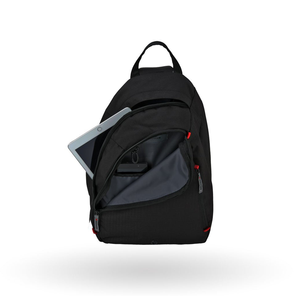 Bandolera marca Wenger Compass, para tablet de 10", 604427, Color Negro con detalles en rojo, organizador de accesorios, cierre en diagonal