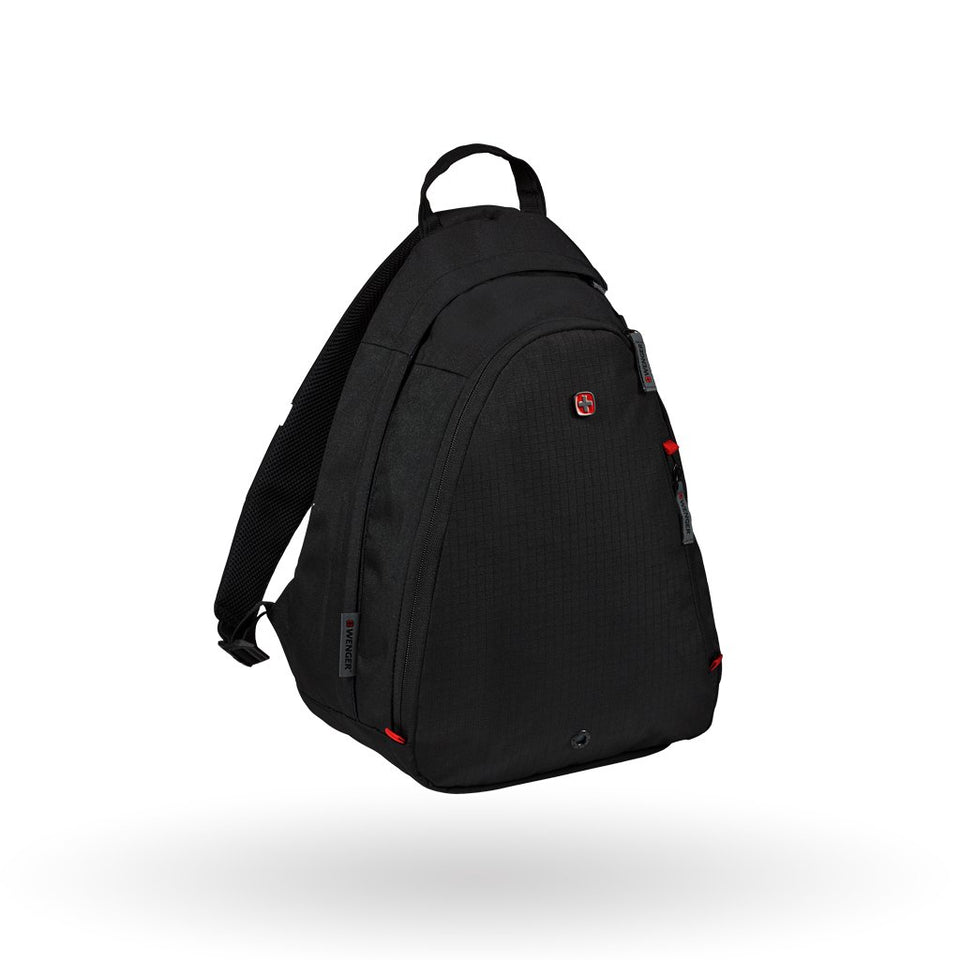 Bandolera marca Wenger Compass, para tablet de 10", 604427, Color Negro con detalles en rojo, organizador de accesorios, cierre en diagonal