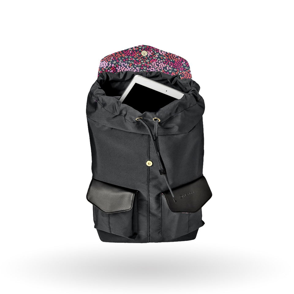 Mochila para mujer MarieJo, para laptop de 14", 605090, color negro, tipo morral, dualidad de uso, forro con motivo floral