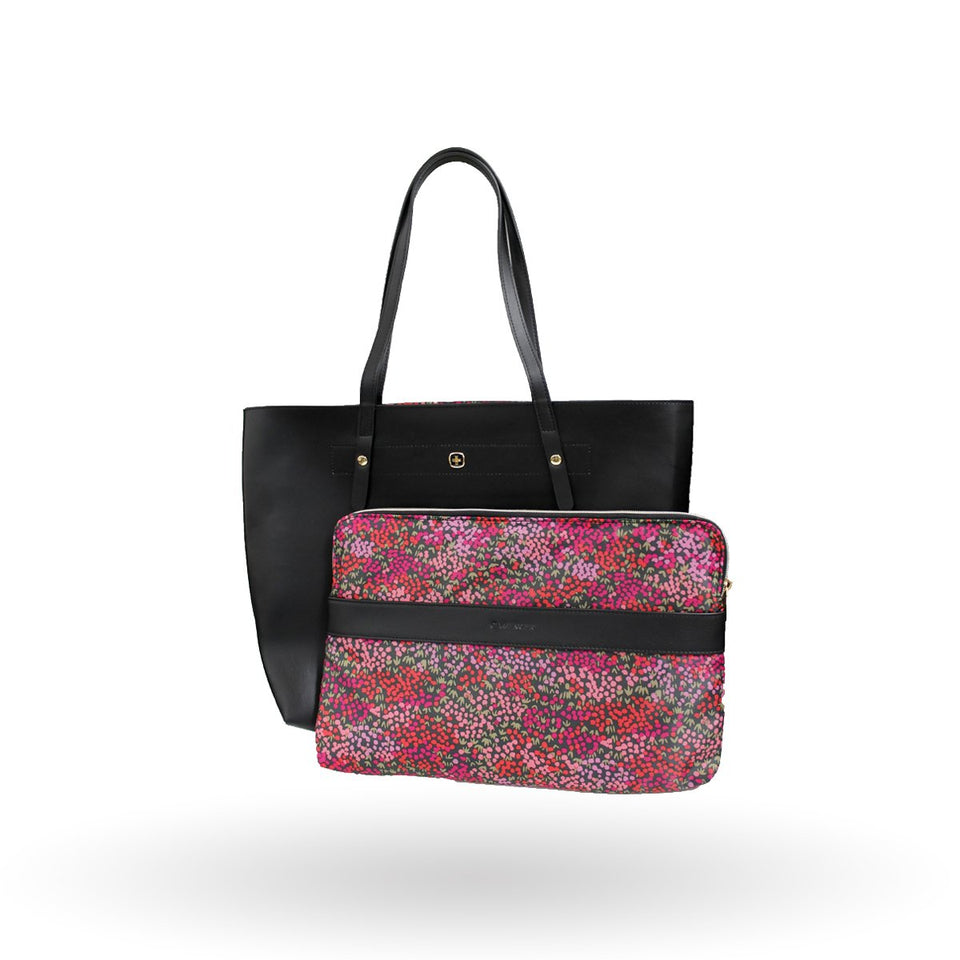 Bolsa para laptop mujer Wenger MarieSol, Universal, 605091, incluye funda para laptop de 14" y monedero, Color Negro y estampado floral.
