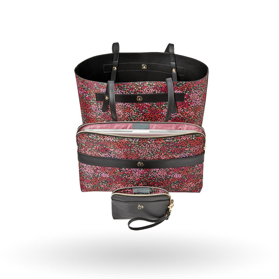 Bolsa para laptop mujer Wenger MarieSol, Universal, 605091, incluye funda para laptop de 14" y monedero, Color Negro y estampado floral.