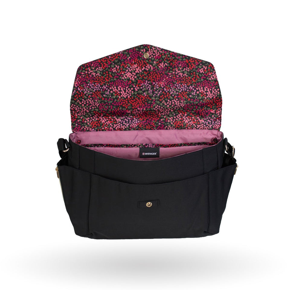Messenger Wenger MarieZoe, para laptop de 14", 605092, Color Negro, tipo maletín, barra estabilizadora, detalles en vinil, forro con motivo floral