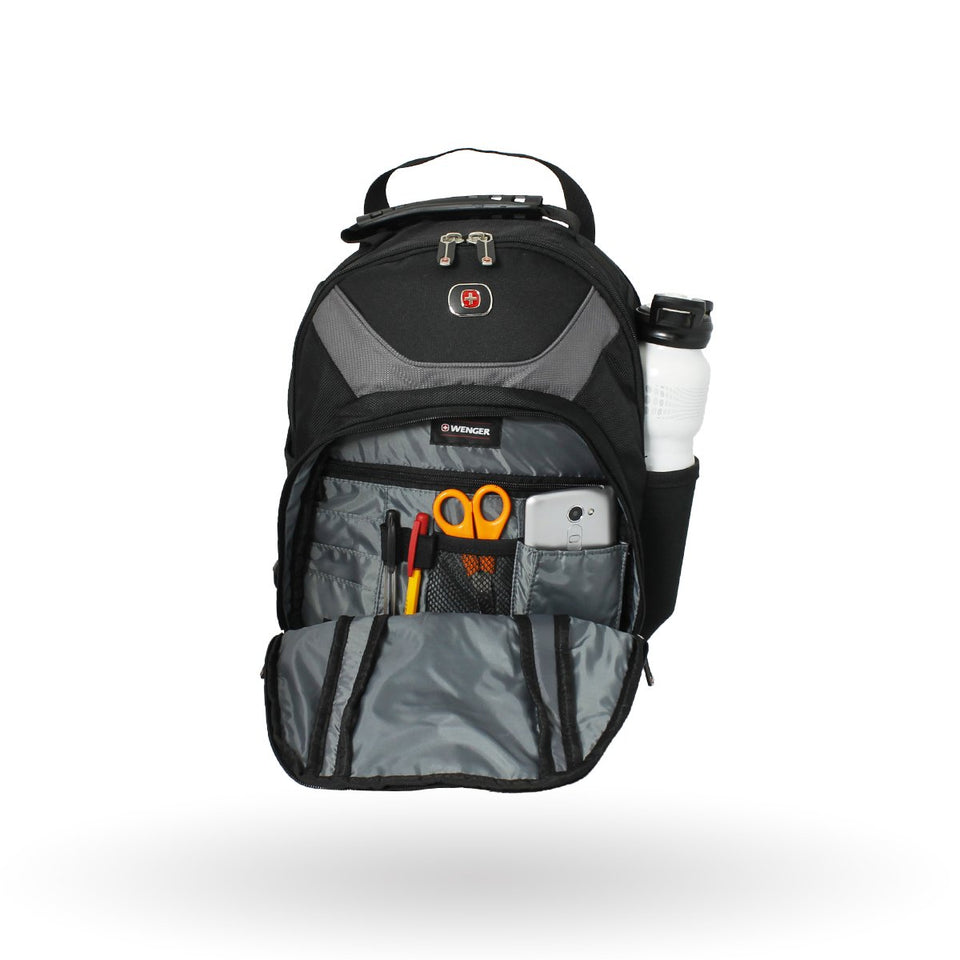 Mochila Wenger porta laptop Nanobyte. para laptop de 13", 68375201, mochila negra con gris, forro anti-arañazos.
