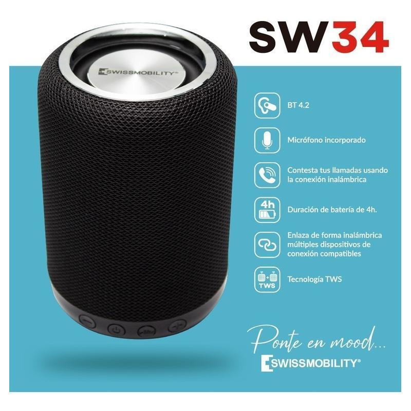 Bocina Swissmobility Inalámbrica Bluetooth Negro Sw-34bk