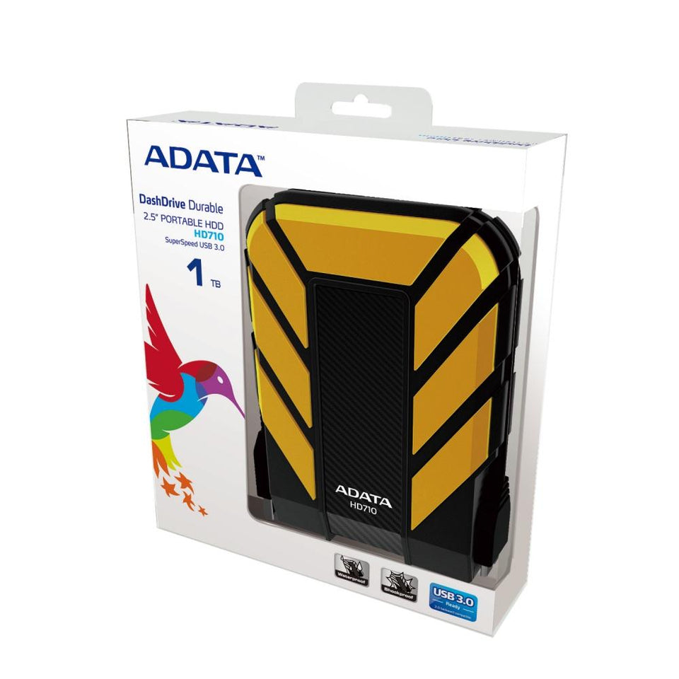 Disco Duro Externo Adata DashDrive Durable HD710 2.5'', 1TB, USB 3.0, 5400RPM, Amarillo, A Prueba de Agua y Golpes - para Mac/PC