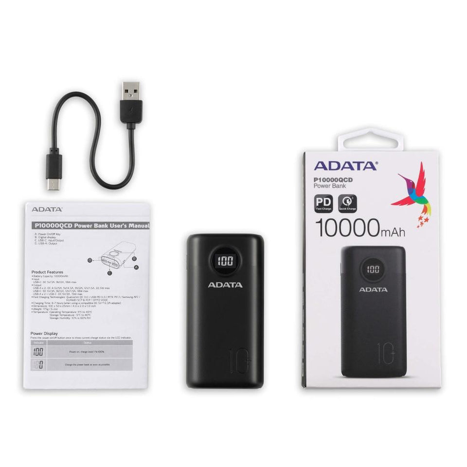 Cargador Portátil Adata P10000QCD, 10.000mAh, Negro