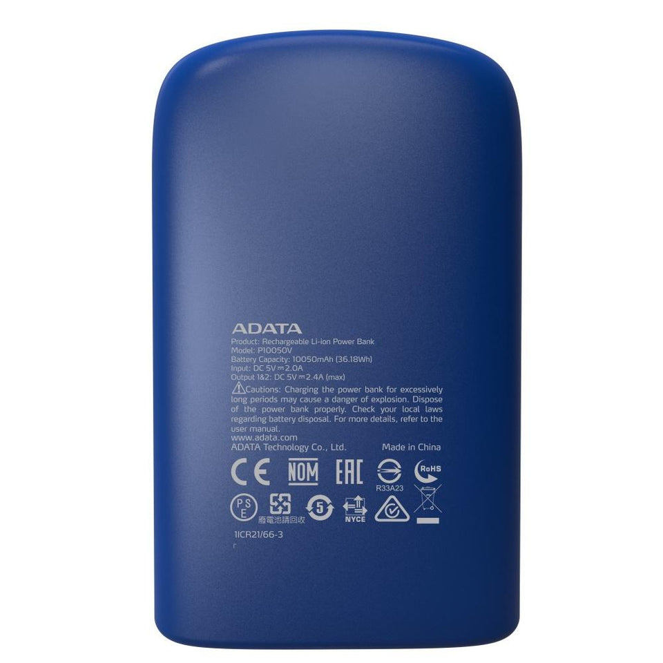 Cargador Portátil Adata Power Bank P10050V, 10.050mAh, Azul Oscuro