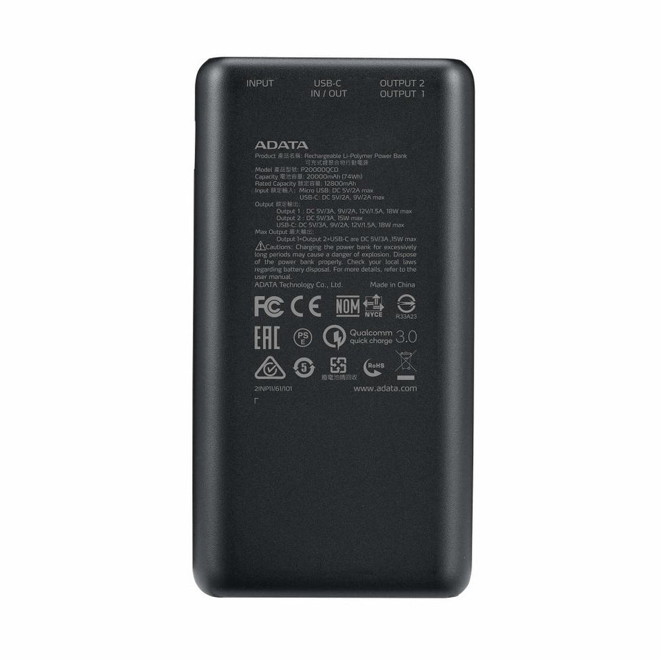 Cargador Portátil Adata P20000QCD, 20.000mAh, Negro