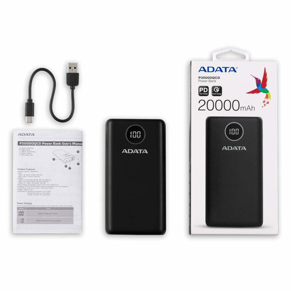 Cargador Portátil Adata P20000QCD, 20.000mAh, Negro