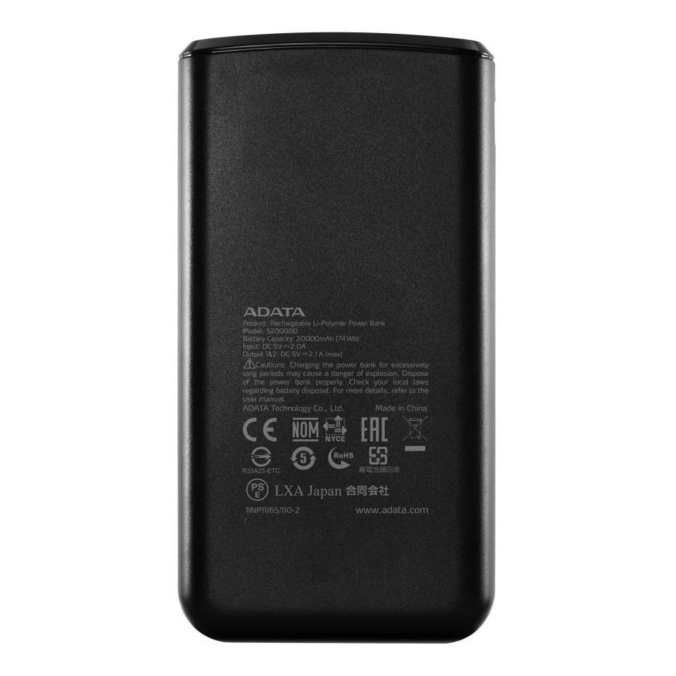 Cargador Portátil Adata Power Bank S20000D, 20.000mAh, Negro