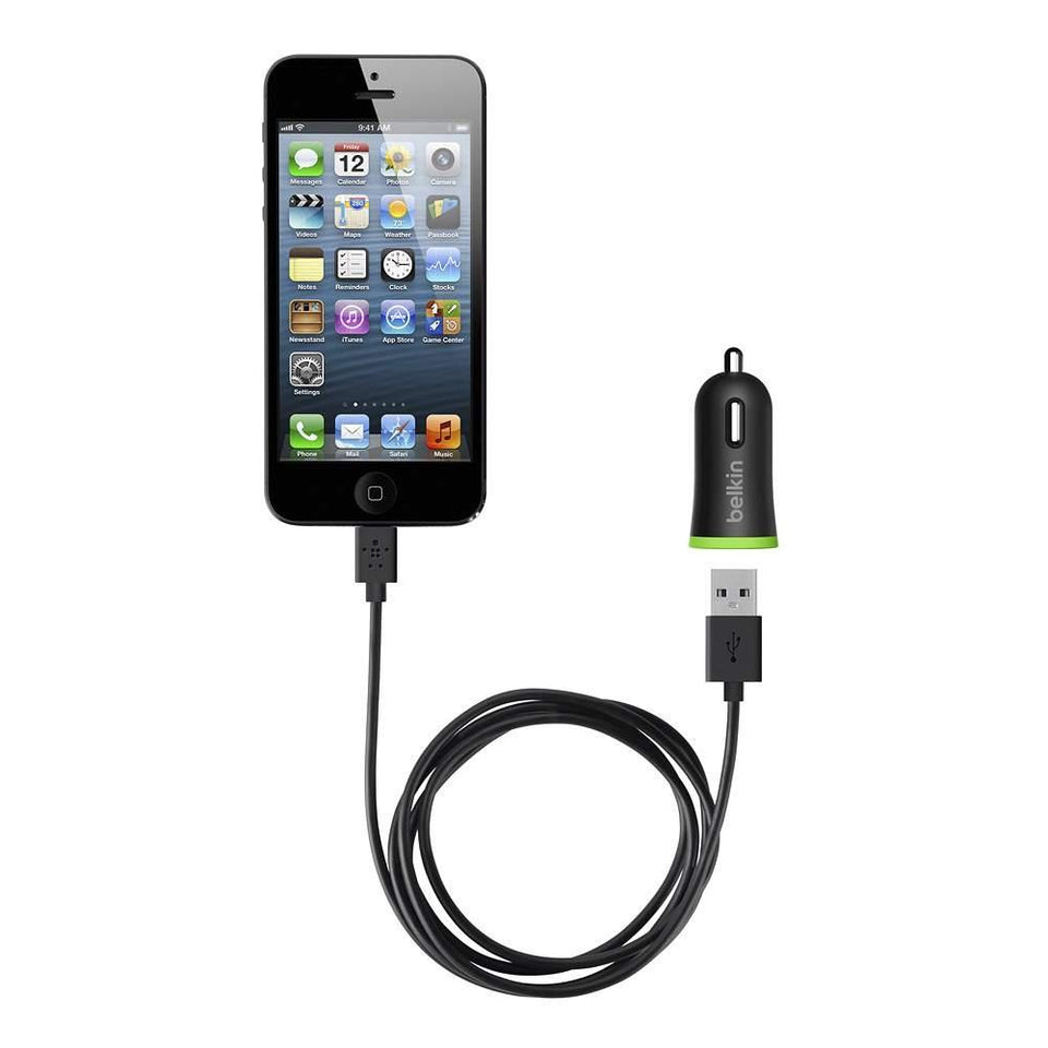 Belkin Cargador para Auto con Cable USB 2.0 - Lightning, 1.2 Metro, Negro