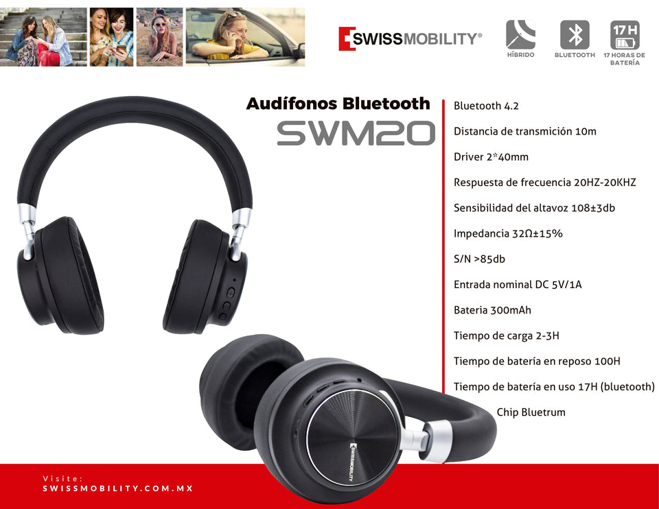 Audífonos de diadema HIGH FIDELITY (HiFi) con Bluetooth y micrófono SWM-20BK Swissmobility