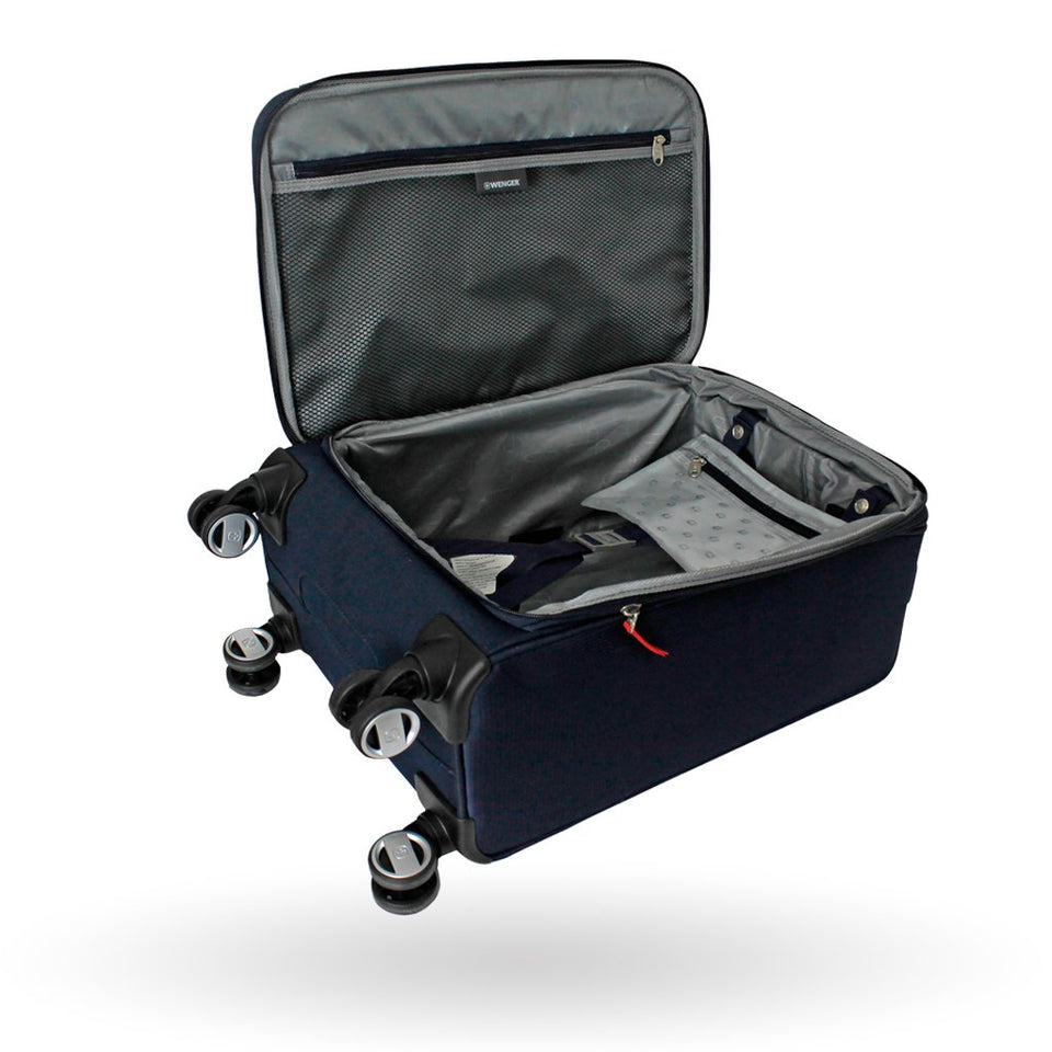 Maleta suave Wenger Cambridge, capacidad de 28", WGR6561333177 , color azul marino, expandible, portatraje incluido, de 8 ruedas multidireccionales, con identificador de vinil