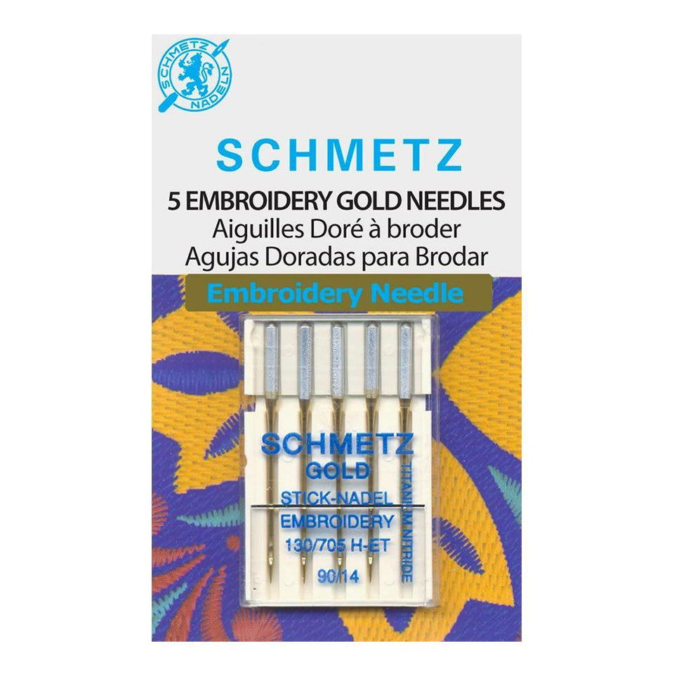 Aguja Schmetz dorada de bordado para máquina de coser, 130-705 H-ET 90, paquete con 5 pzas