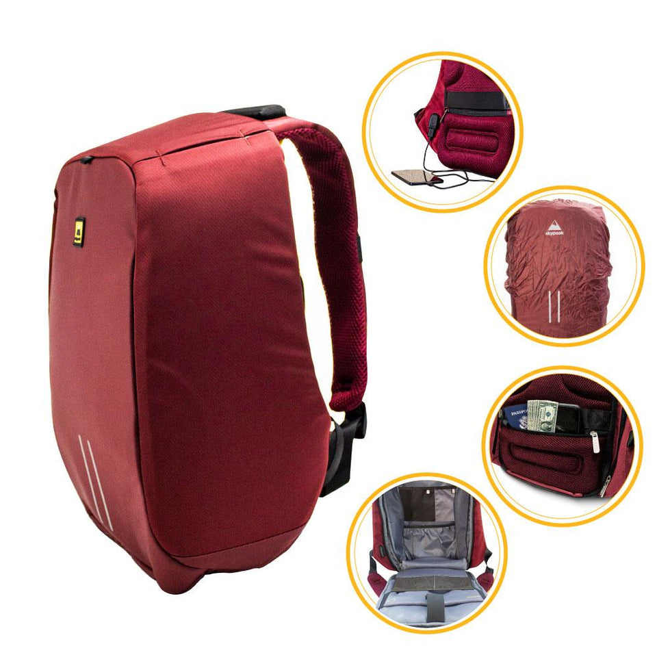 Mochila Backpack Skypeak Antirrobo Roja de 15,6" con funda repelente al agua y puerto USB de carga. SHIELD-115PO