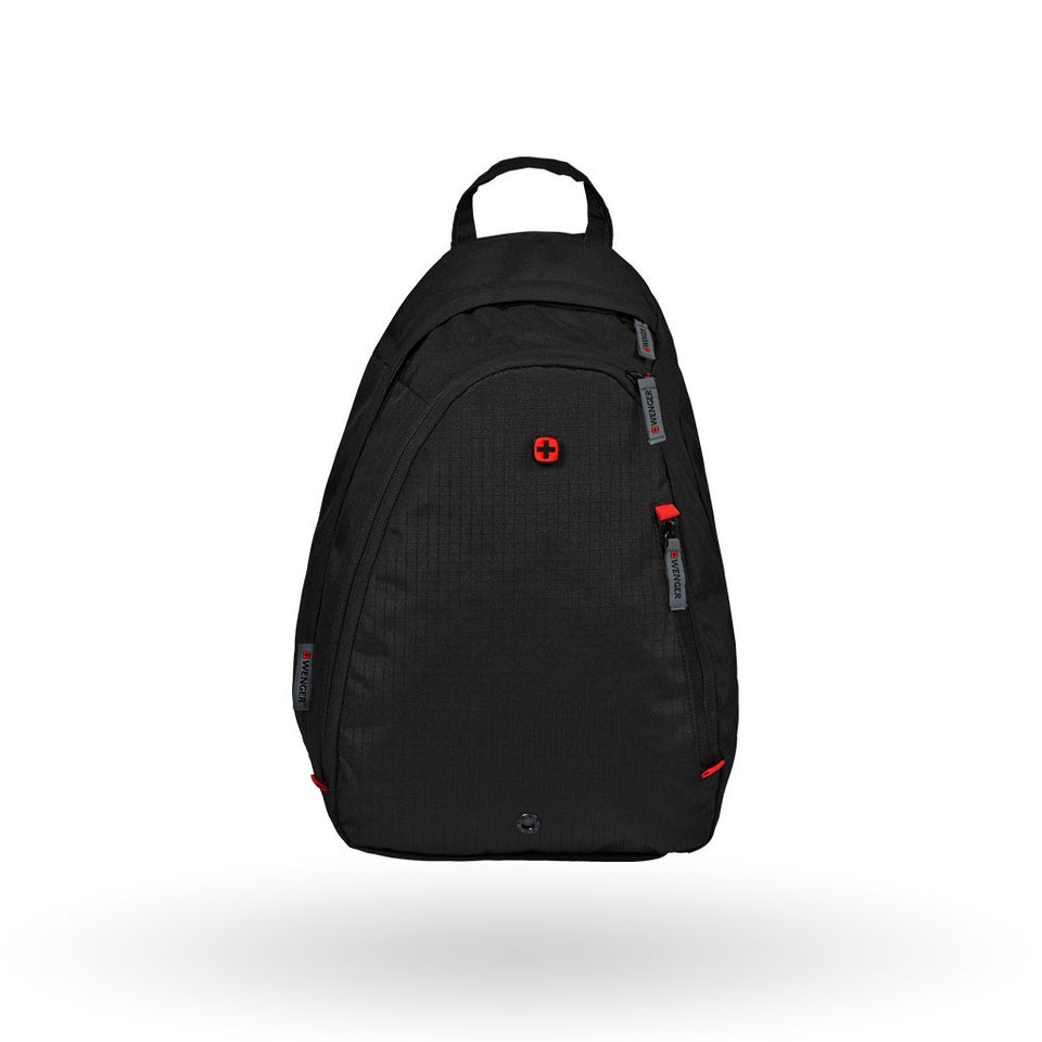 Bandolera marca Wenger Compass, para tablet de 10", 604427, Color Negro con detalles en rojo, organizador de accesorios, cierre en diagonal