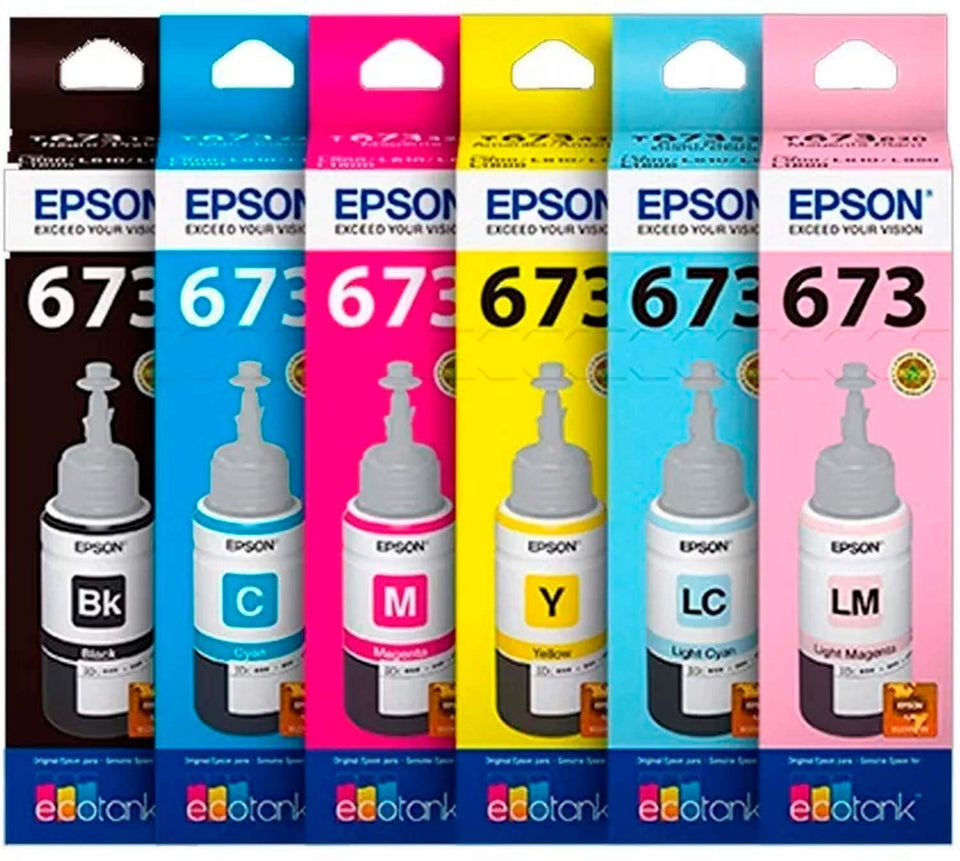 Combo  de tinta Epson T673120-AL, T673220-AL,T673320-AL, T673420-A,T673520-AL, T673620-AL(Negro + Colores Cyan, Magenta, Amarillo, Magenta Claro, y Cyan Claro), Tinta Original/EPT673-KIT