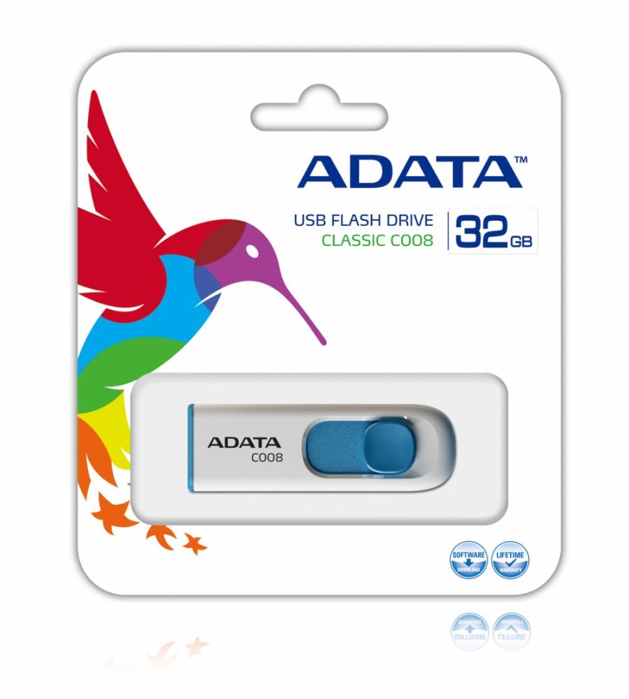 Memoria USB Adata C008, 32GB, USB 2.0, Azul/Blanco