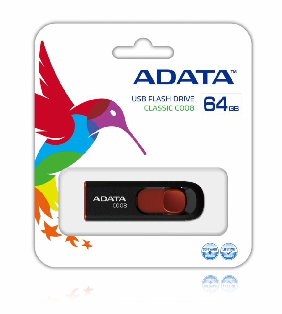 Memoria USB Adata C008, 64GB, USB 2.0, Negro/Rojo