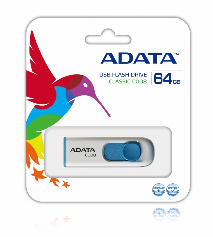 Memoria USB Adata C008, 64GB, USB 2.0, Azul/Blanco