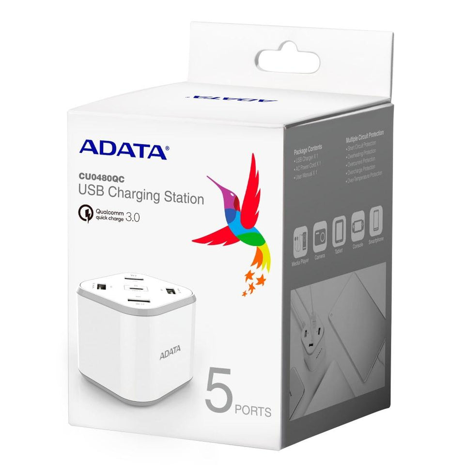 Adata Cargador de Pared Smart HUB Múltiple, 12V, 5 Puertos USB 2.0, Plata/Blanco
