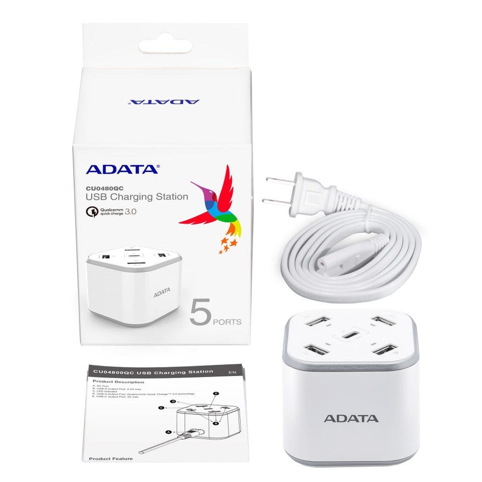 Adata Cargador de Pared Smart HUB Múltiple, 12V, 5 Puertos USB 2.0, Plata/Blanco