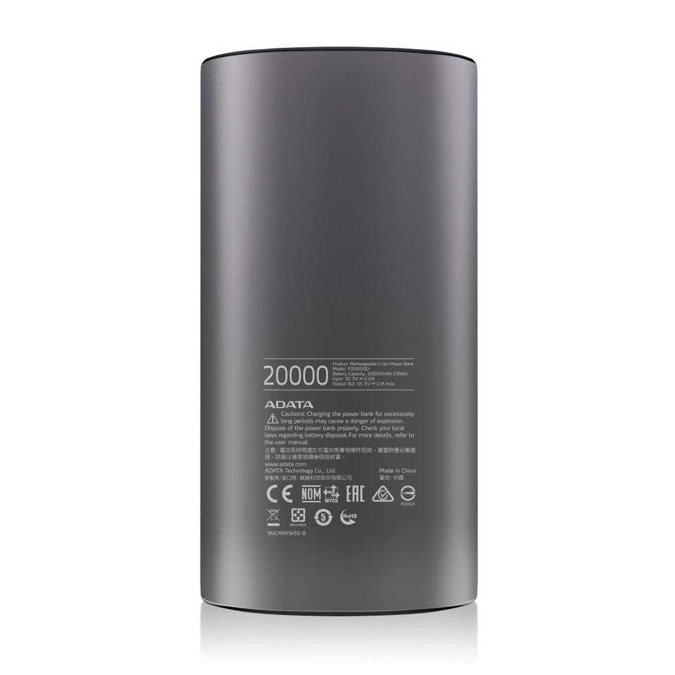 Cargador Portátil Adata Power Bank P20000D, 20.000mAh, Gris