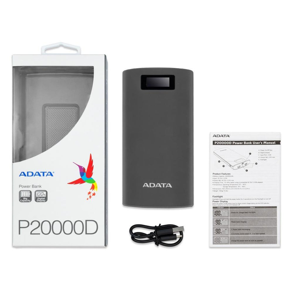 Cargador Portátil Adata Power Bank P20000D, 20.000mAh, Gris