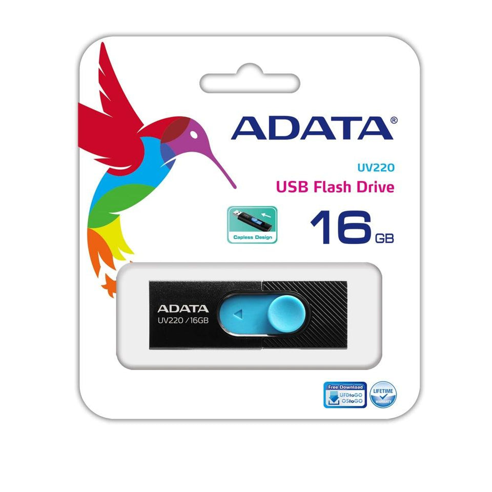 Memoria USB Adata UV220, 16GB, USB 2.0, Negro/Azul