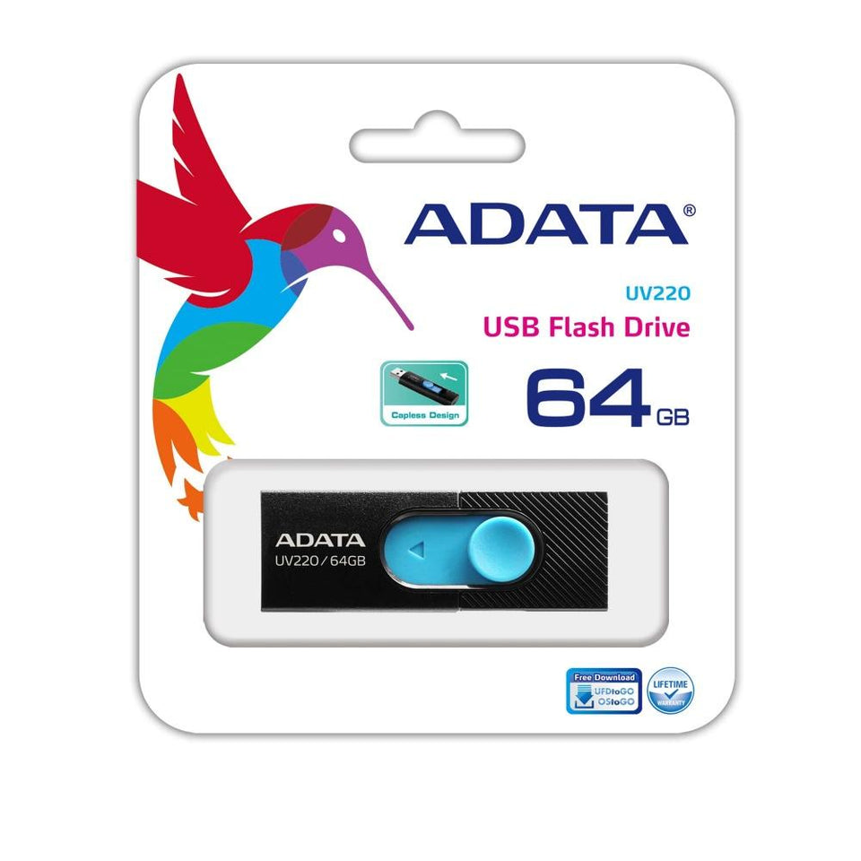 Memoria USB Adata UV220, 64GB, USB 2.0, Negro/Azul