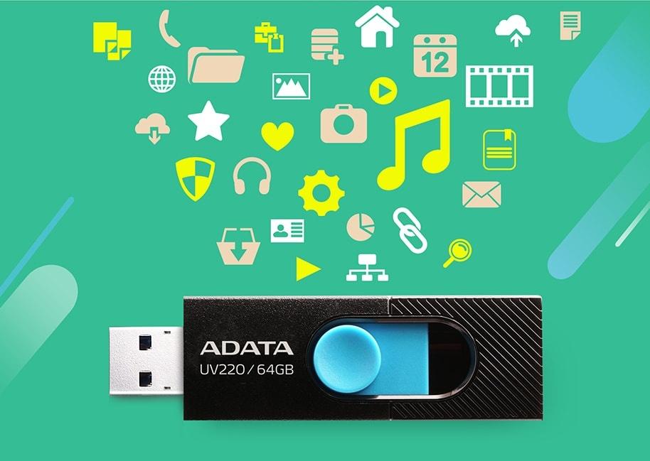 Memoria USB Adata UV220, 64GB, USB 2.0, Negro/Azul