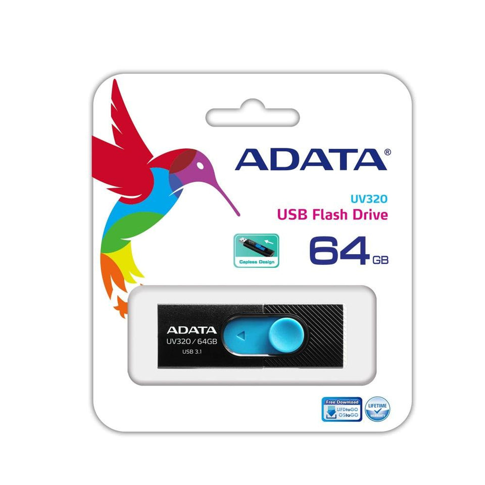 Memoria USB Adata UV320, 64GB, USB 3.0, Negro/Azul