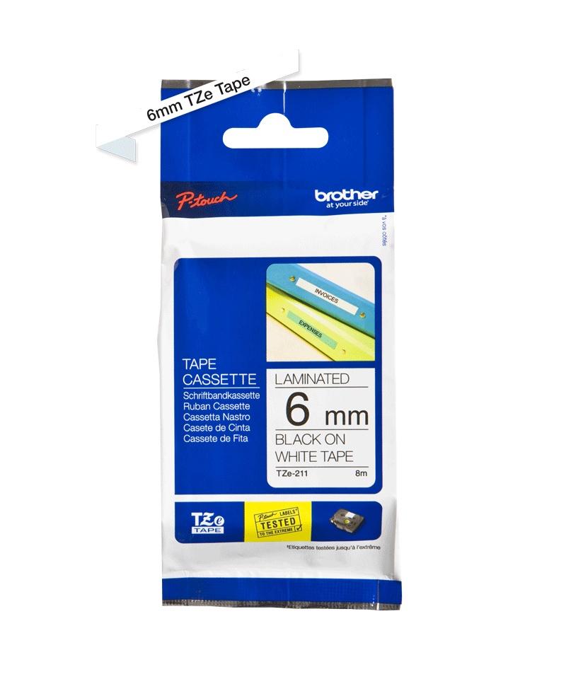 Cinta Brother TZE211 Negro en Blanco, 6mm x 8m