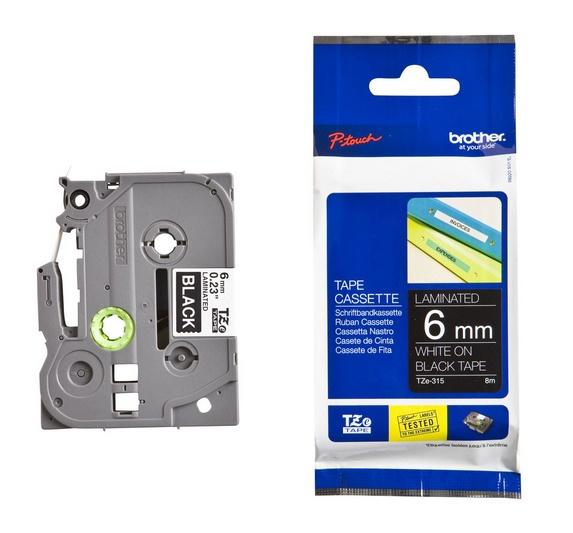 Cinta Brother TZE315 Negro sobre Blanco, 6mm x 8m