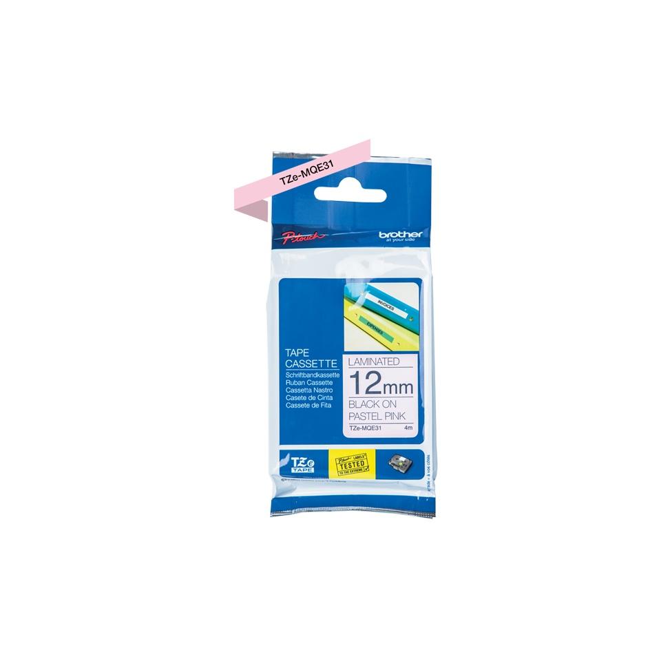 Cinta Brother TZEMQE31 Negro sobre Rosa, 12mm x 4 Metros