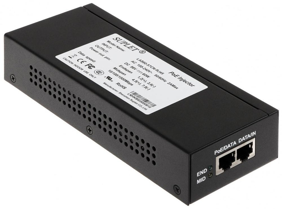 Hikvision Adaptador e Inyector de PoE, 10,100,1000 Mbit/s, 57V, 2x RJ-45