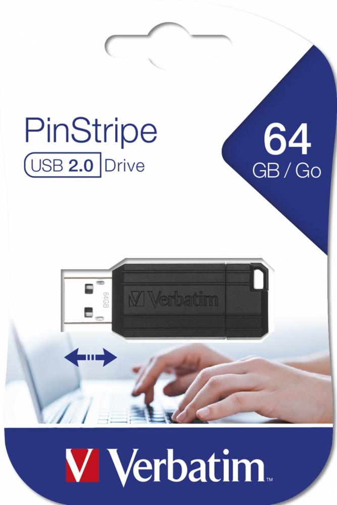 Memoria USB Verbatim PinStripe, 64GB, USB 2.0, Negro