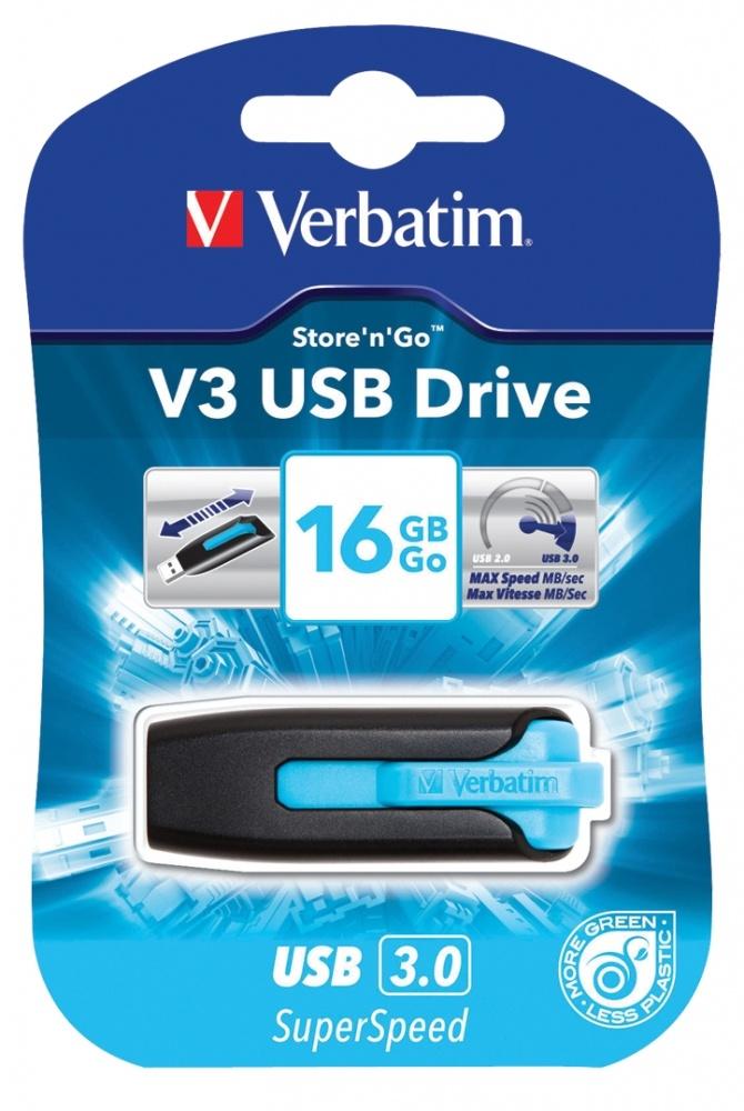 Memoria USB Verbatim Store 'n' Go V3, 16GB, USB 3.0, Negro/Azul