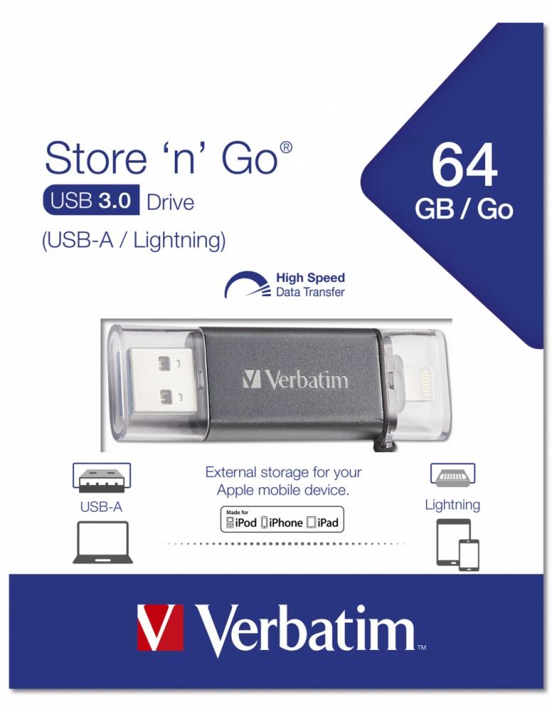 Memoria USB Verbatim iStore 'n' Go, 64GB, USB 3.1, Gris