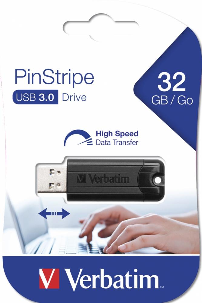 Memoria USB Verbatim PinStripe, 32GB, USB 3.0, Negro