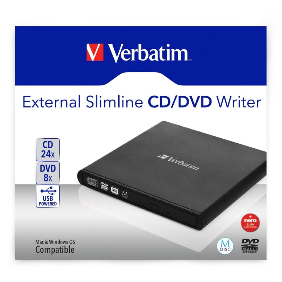 Verbatim Slimline Quemador de DVD, DVD+RW 8x / CD-RW 24x, USB 2.0, Externo, Negro