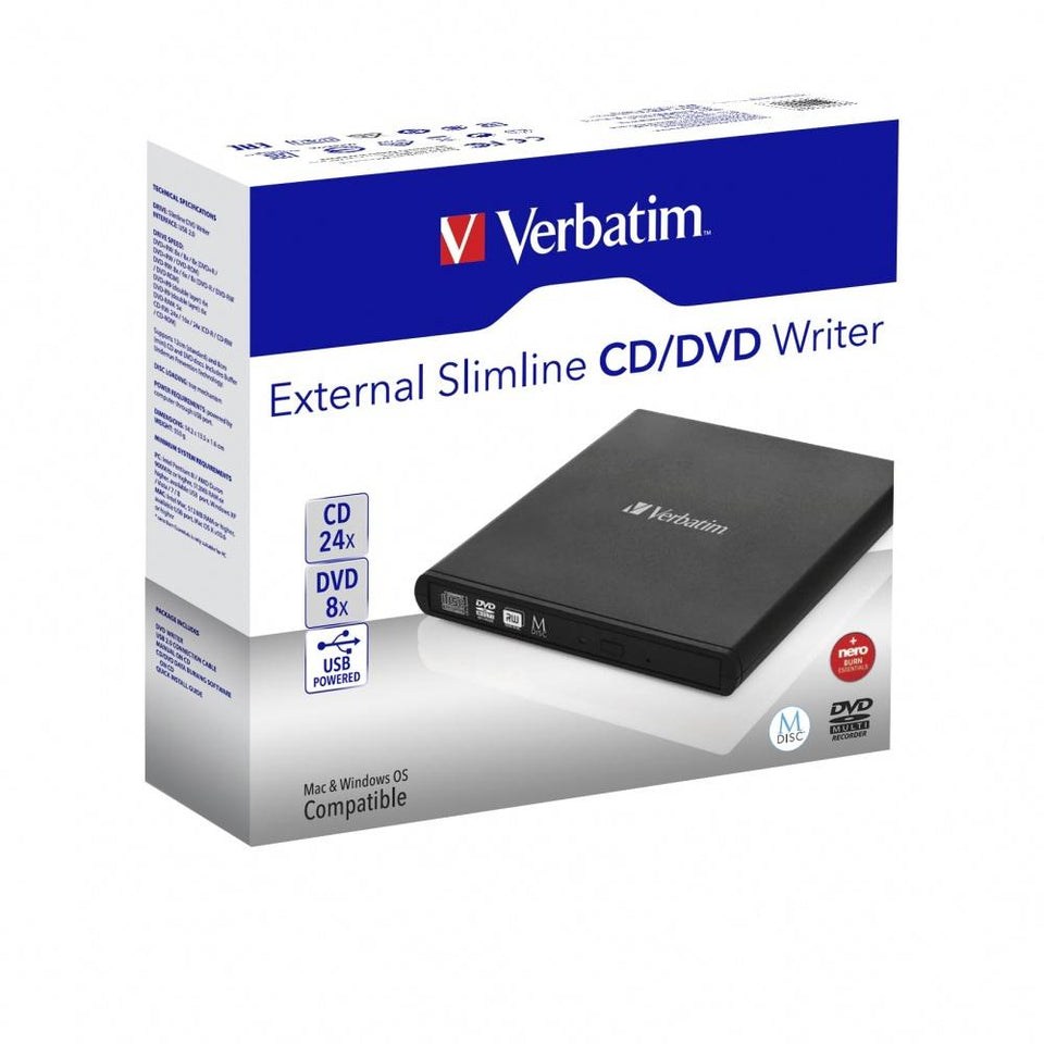 Verbatim Slimline Quemador de DVD, DVD+RW 8x / CD-RW 24x, USB 2.0, Externo, Negro