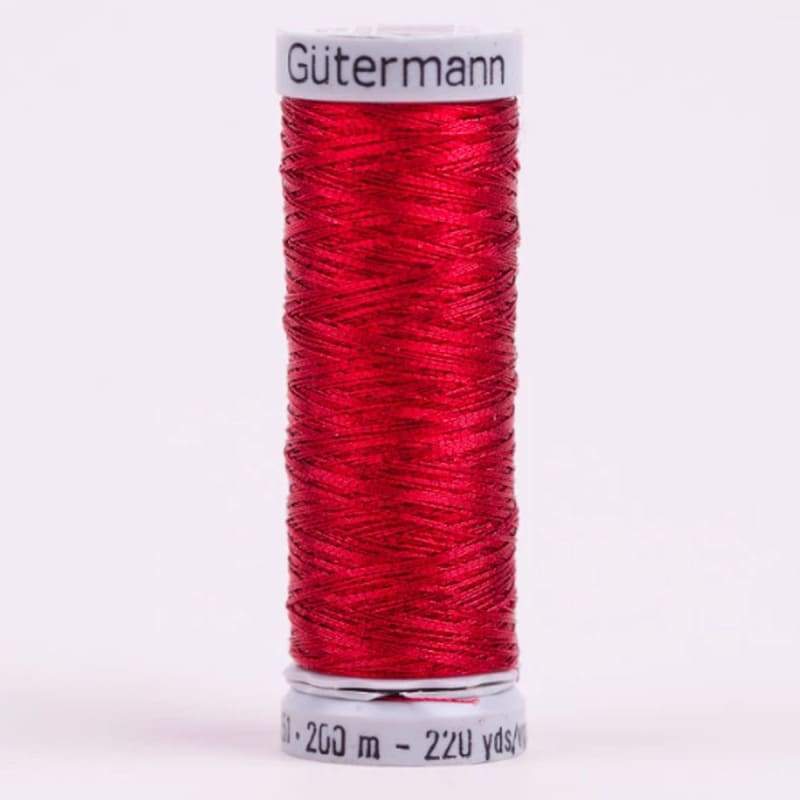 Hilo Gutermann Metalizado, para Máquina bordadora, Color Rojo, de 200 mts. Caja con 5 Carretes mismo color