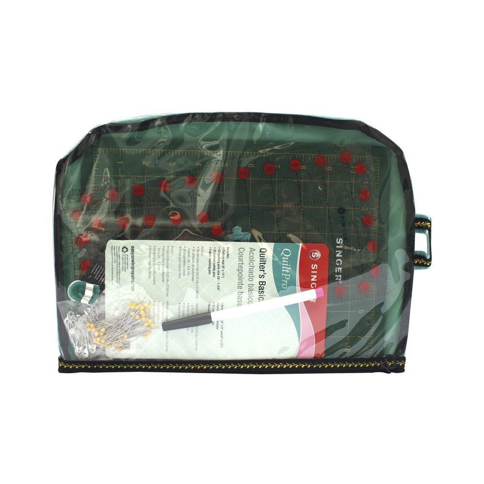 Kit de manualidades quilting y patchwork Singer, incluye: Tabla para corte de tela, Reglas de corte con medidas en pulgadas, seguros, Agujas, Dedal, Marcador para telas, ensartador de aguja manual