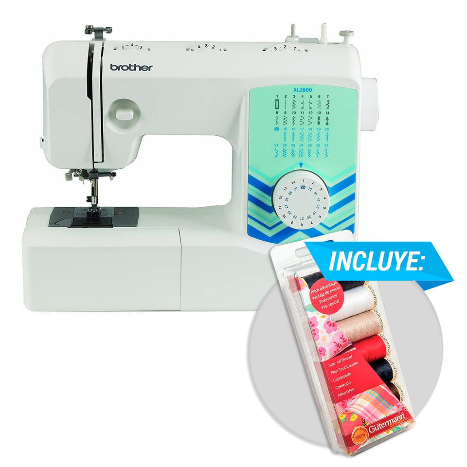 Kit Máquina de coser doméstica Brother XL2800 con set de 7 hilos incluido, máquina de coser doméstica de 27 puntadas y 63 funciones